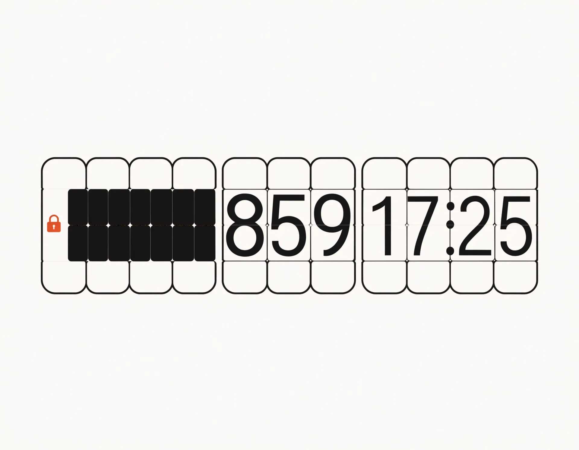A board row with the business-name field masked behind blacked-out tiles and a small persimmon padlock, while price and time stay visible.