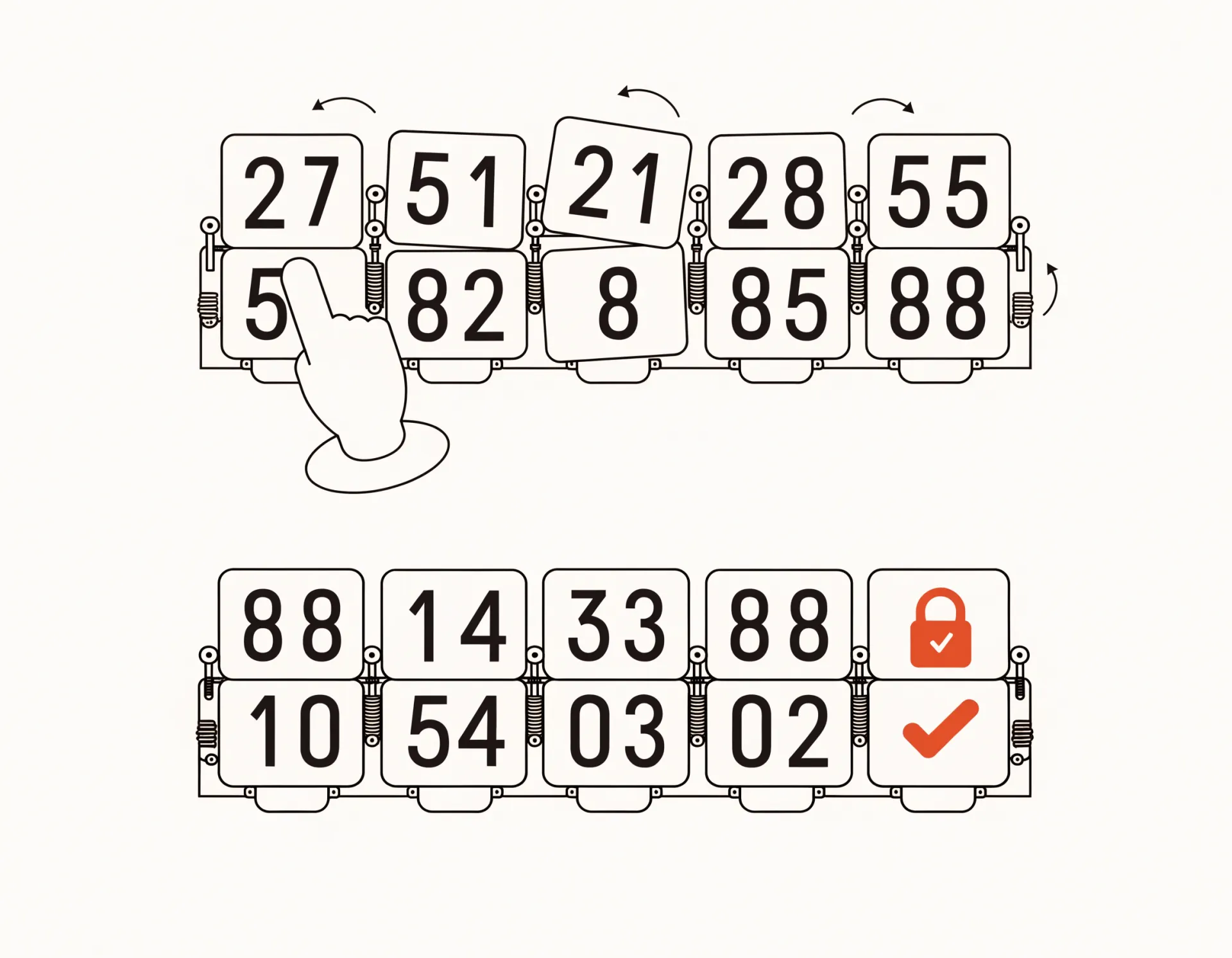 A board mid-flip with a tap fingertip settling into a claimed-and-locked state shown by a persimmon padlock and checkmark.
